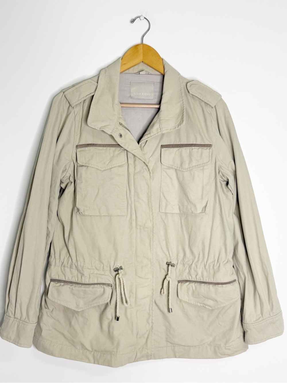 Soia & Kyo Utility Jacket Large Cotton Canvas Leather Trim Beige